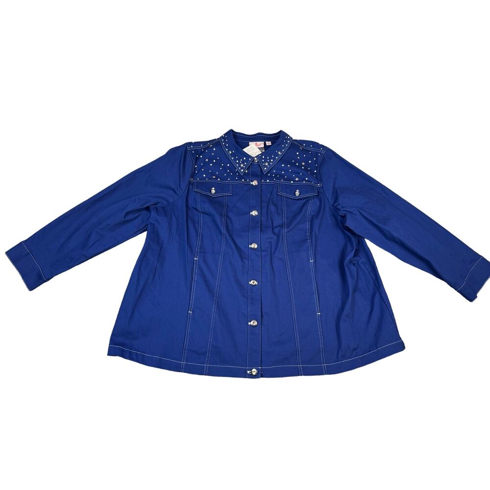 NWT Quacker Factory Stars‎ and Sparkle Woven Button Front Jacket Navy 3X
